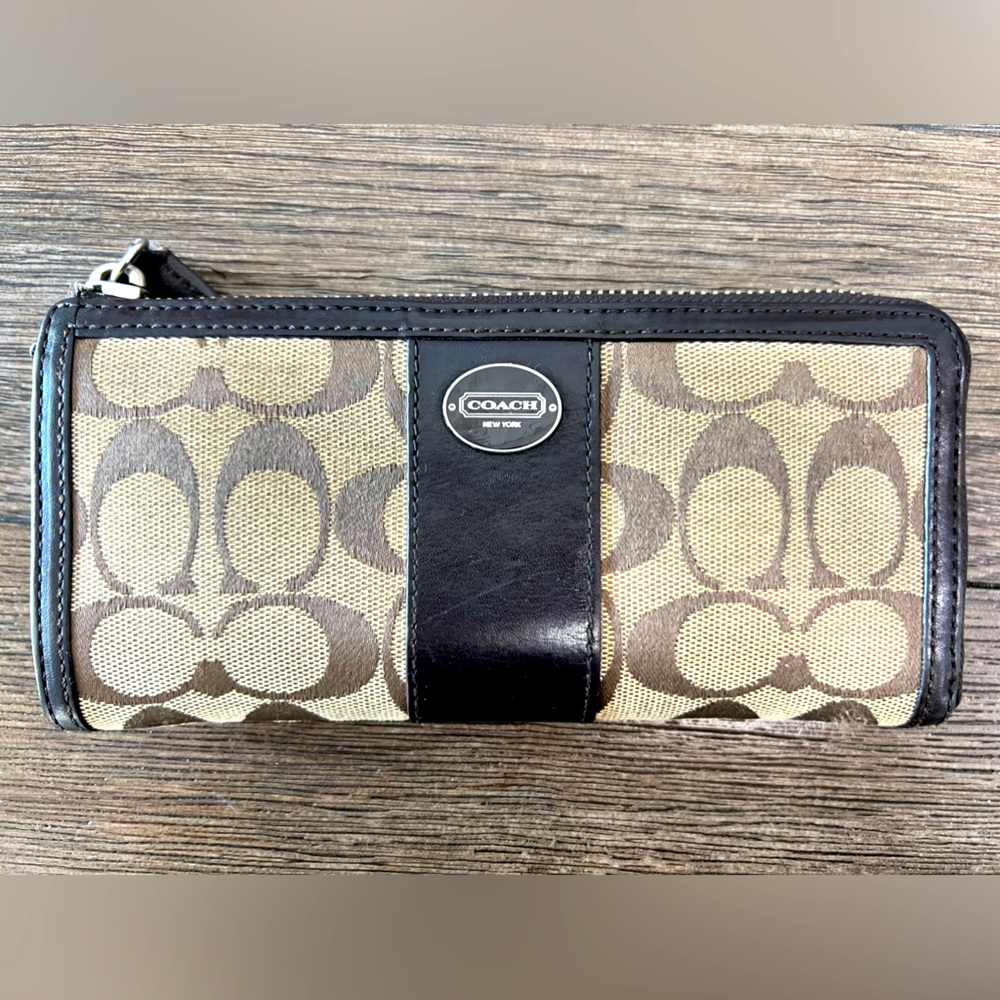 COACH Legacy Khaki Mahogany Logo Print Signature Slim Zip Wallet